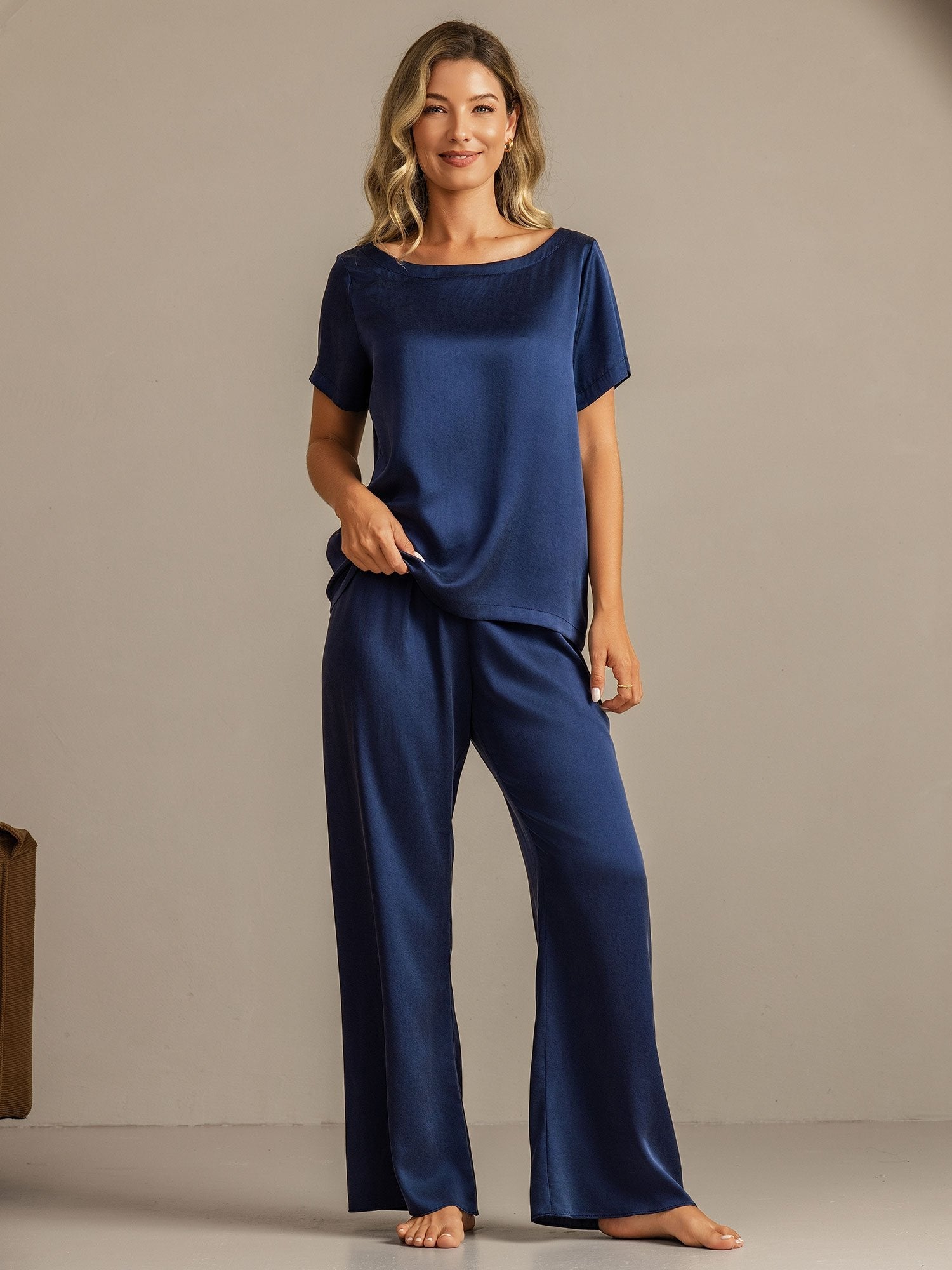 [BleuFoncé] SilkSilky-FR 19Momme Soie Womens Pajamas 004