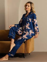 [Bleu Foncé] SilkSilky-FR Long Sleeve Lapel Collar Femme Pyjamas 010