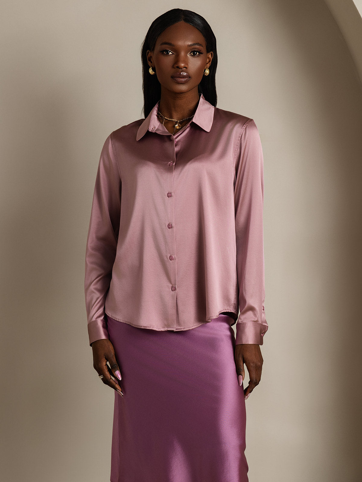 [Mauve Pâle] SilkSilky-FR Soie Col Chemise Femme Chemise 006