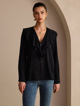 [Noir] SilkSilky-FR Long Sleeve Deep V Neck Blouse 003
