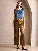 [Bleu Canard Véritable] SilkSilky-FR Cap Sleeve Round Neck Femme T-Shirt 006