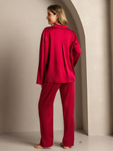 [Rouge Vineux] SilkSilky-FR 19Momme Manches longues Col Cranté Femme Pyjamas 002