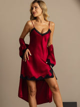 [Rouge Vineux] SilkSilky-FR Manches mi-longues Col V Peignoir&Robe de Chambre 007