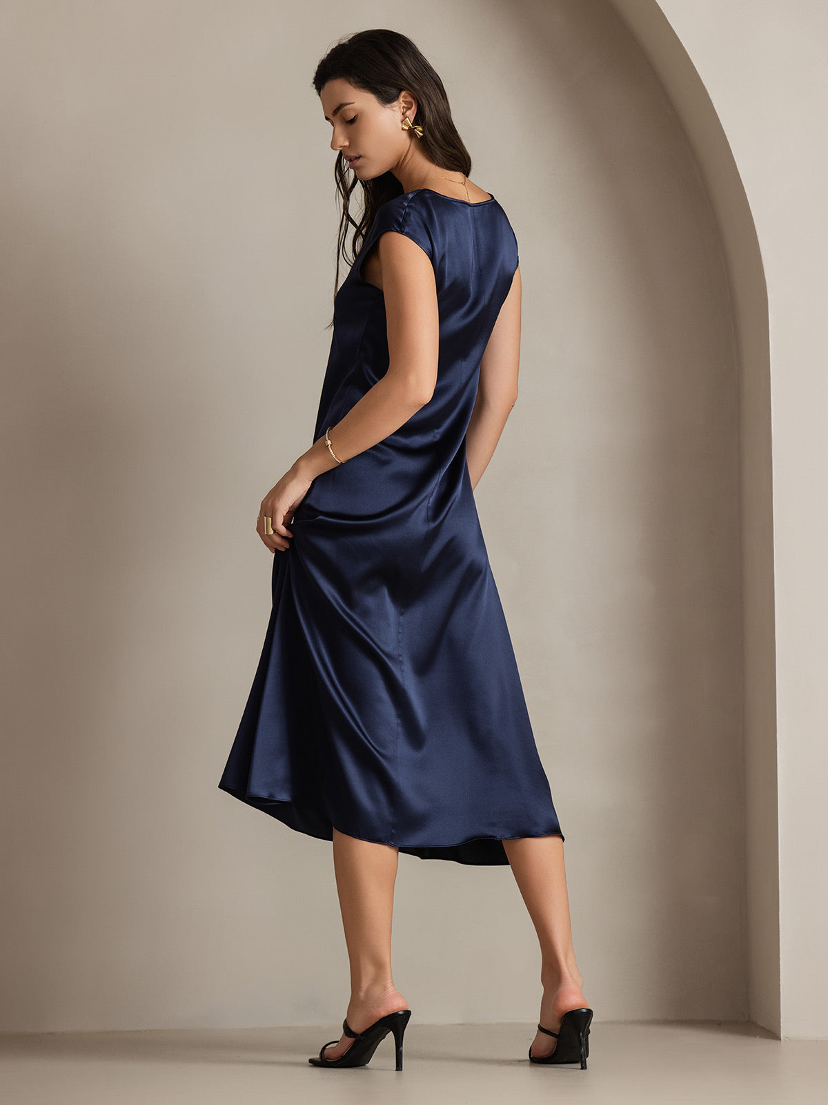 [Bleu Foncé] SilkSilky-FR 19Momme Soie Col Rond Robes 001