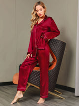 [Rouge Vineux] SilkSilky-FR Long Sleeve Lapel Collar Femme Pyjamas 005