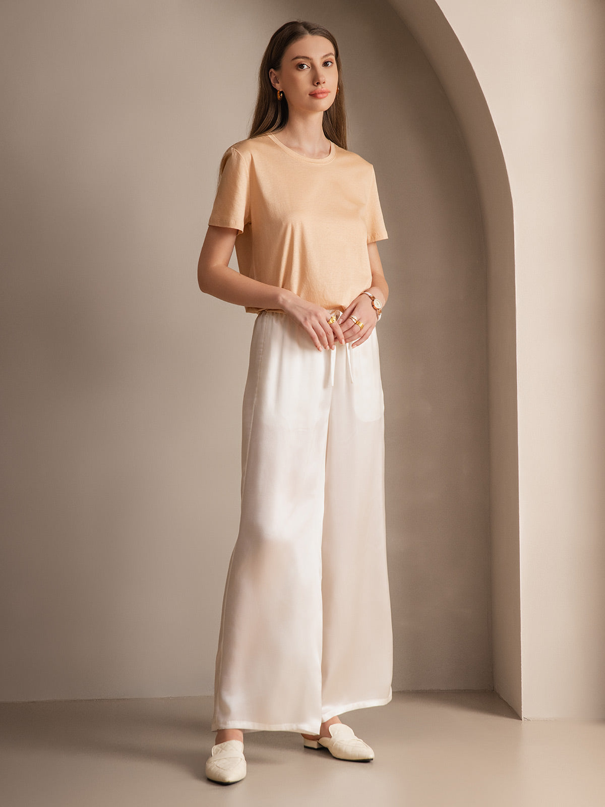 [Blanc] SilkSilky-FR Pure Soie Womens Pants 004