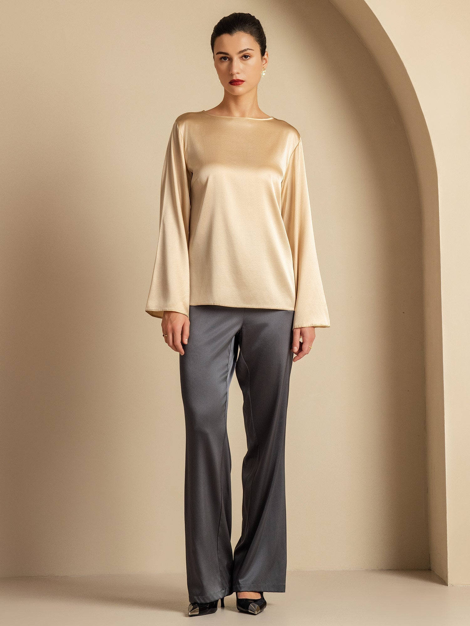 [Champagne] SilkSilky-FR 19Momme Soie Col Rond Femme T-Shirt 009,