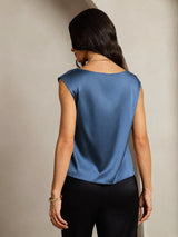 [Bleu Canard Véritable] SilkSilky-FR Cap Sleeve Cowl Neck Femme T-Shirt 002