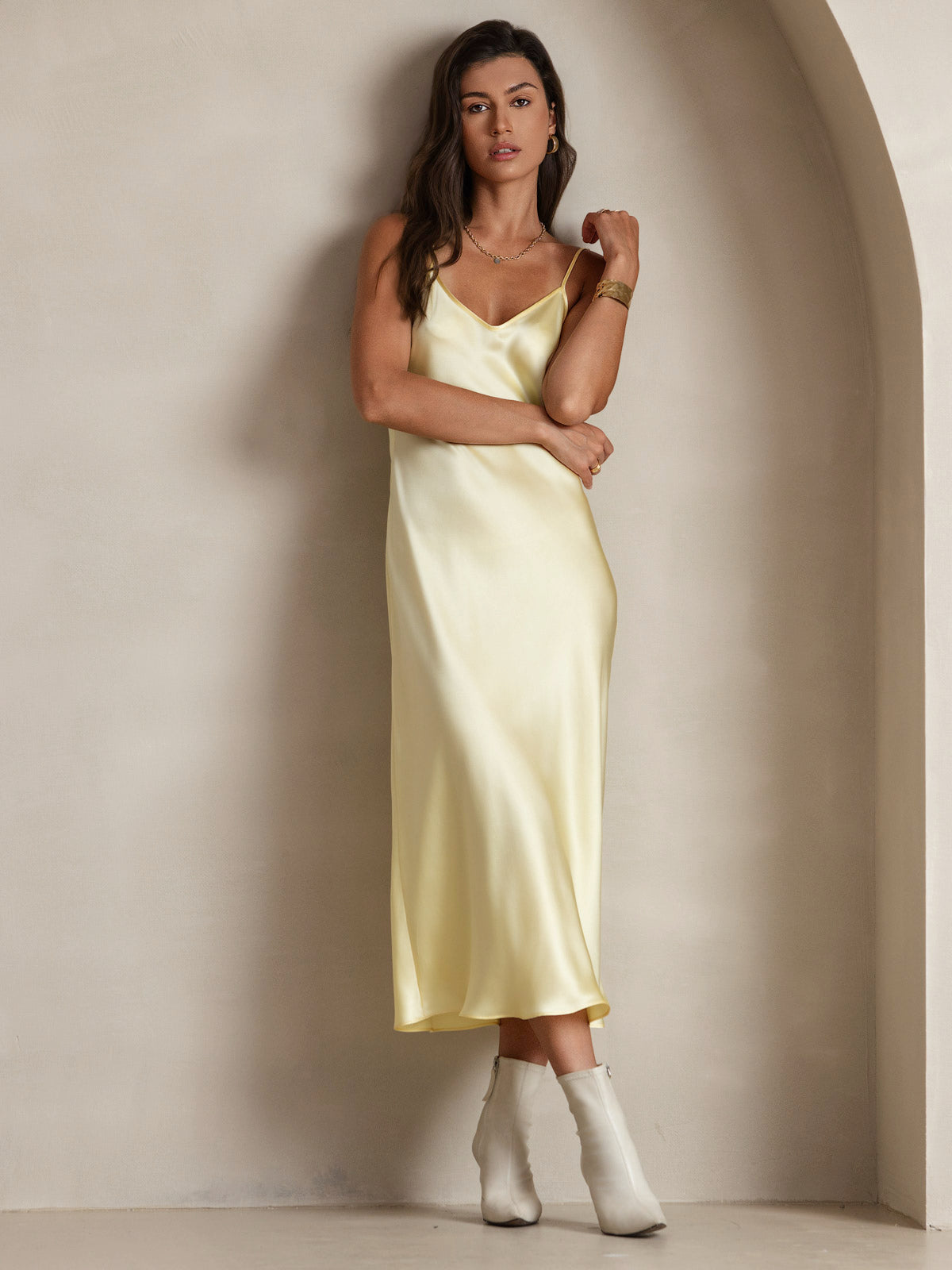 [Jaune Clair] SilkSilky-FR Pure Soie Col Rond Robes 006