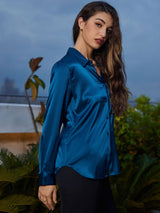 [Bleu Royal] SilkSilky-FR Long Sleeve Lapel Collar Femme Chemise 003