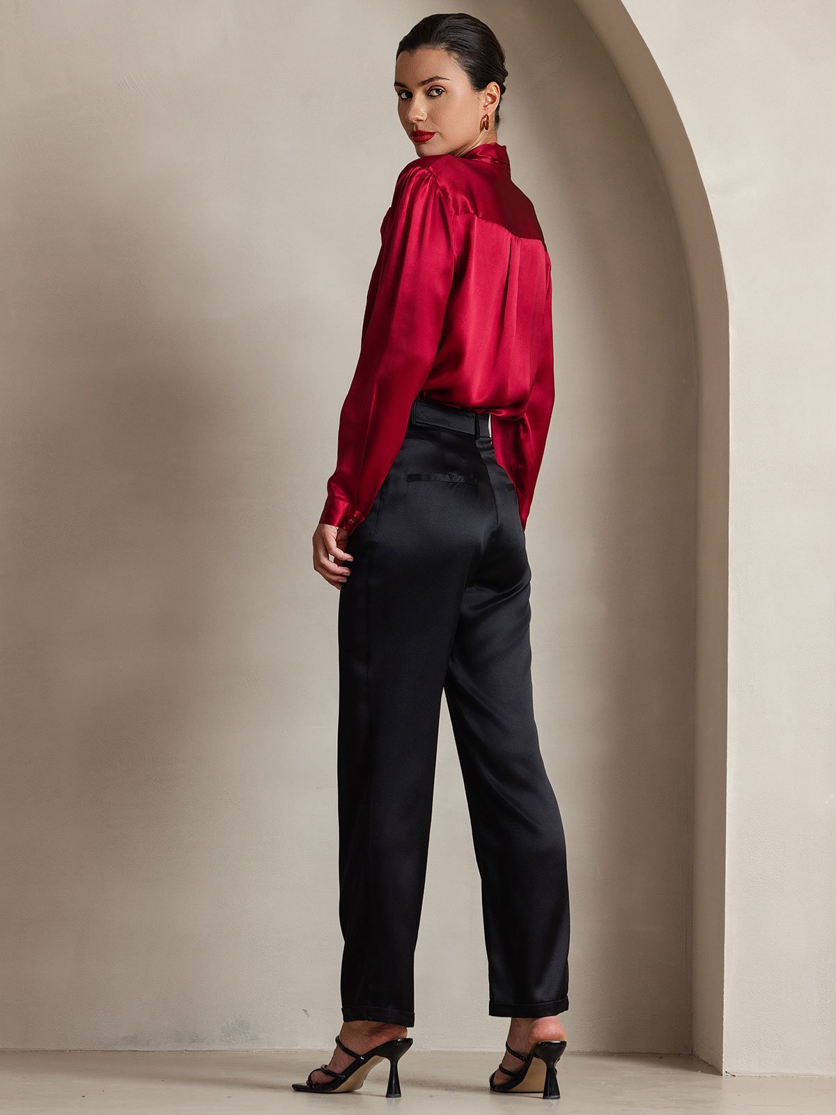 [Rouge Vineux] SilkSilky-FR 19Momme Manches longues À Nouer Blouse 002