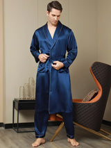 [Bleu Foncé] SilkSilky-FR Pure Soie Manches longues Revers Homme Peignoir 006
