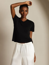 [Noir] SilkSilky-FR Short Sleeve V Neck Femme T-Shirt 005