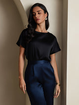 [Noir] SilkSilky-FR Short Sleeve Boat Neck Femme T-Shirt 005