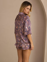 [Palmier Rose] SilkSilky-FR Half Sleeve Lapel Collar Femme Pyjamas 002