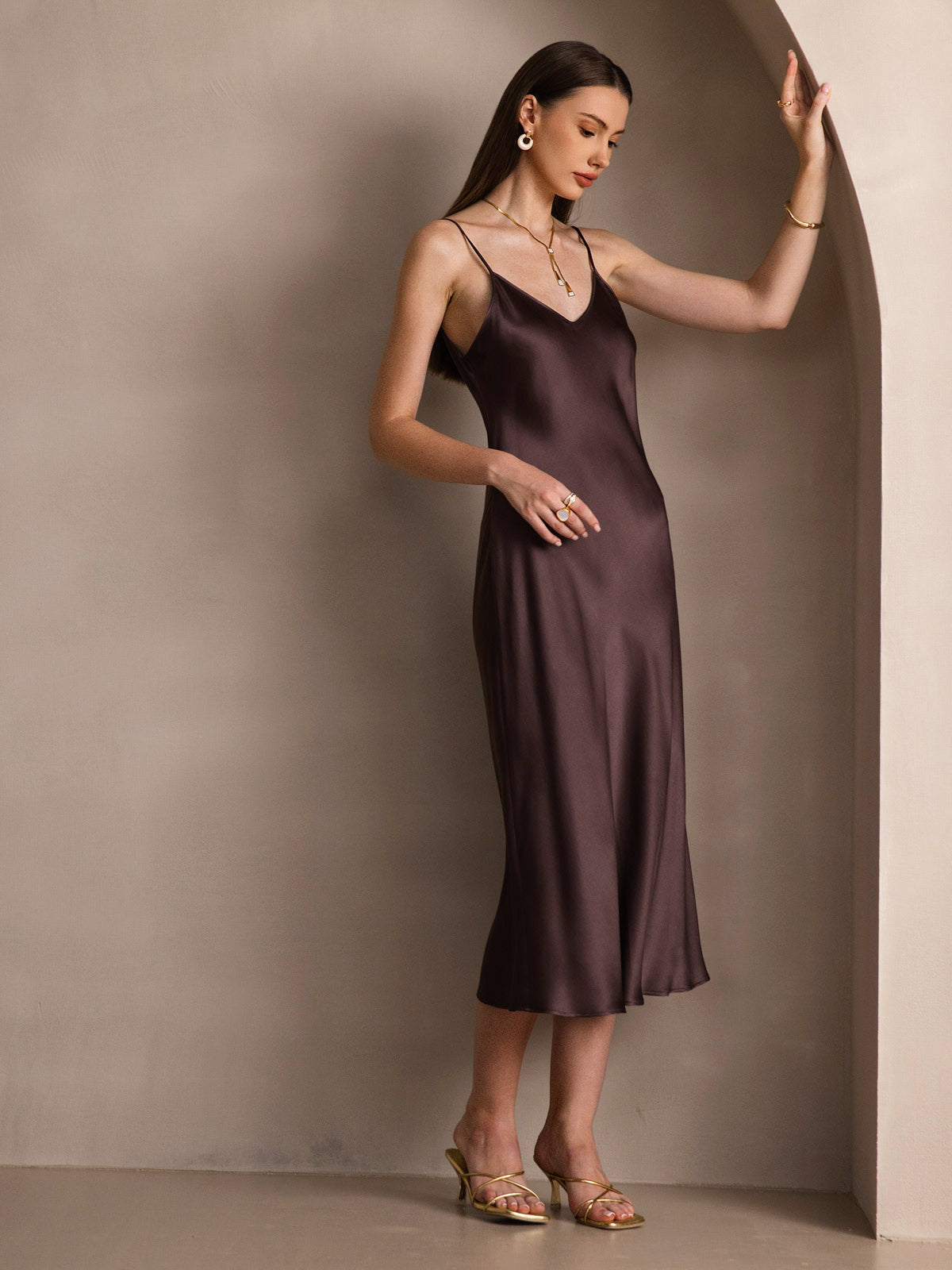 [Café] SilkSilky-FR Pure Soie Col Rond Robes 008