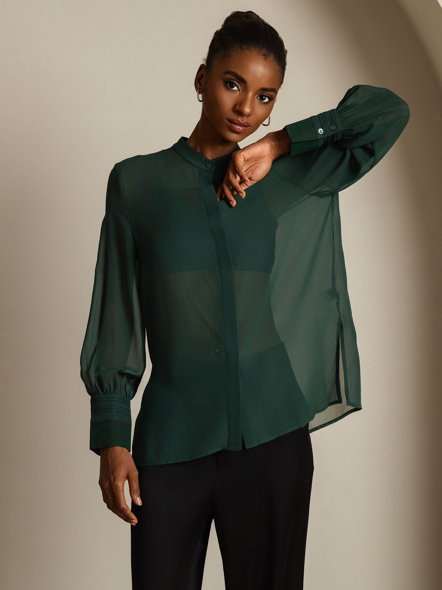 [Vert Foncé] SilkSilky-FR Soie Womens Shirt 008