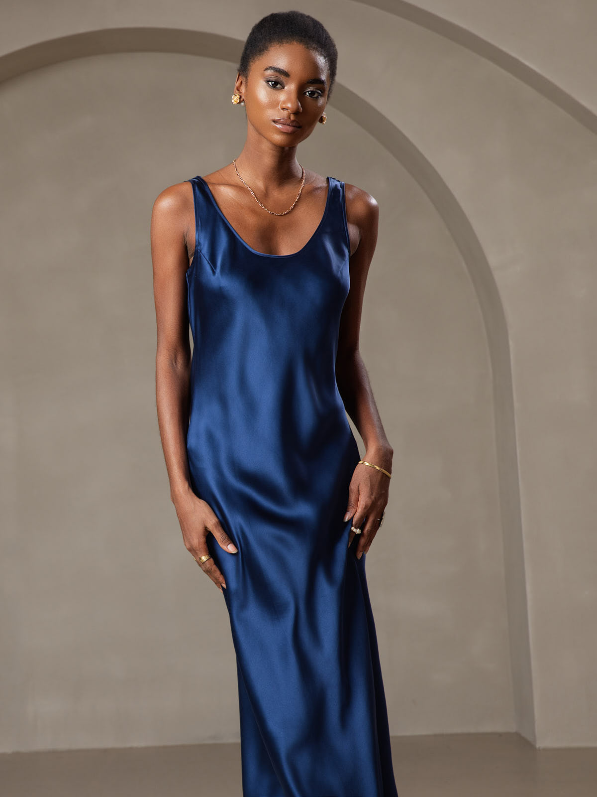 [Bleu Foncé] SilkSilky-FR Pure Soie Col Bateau Robes 003