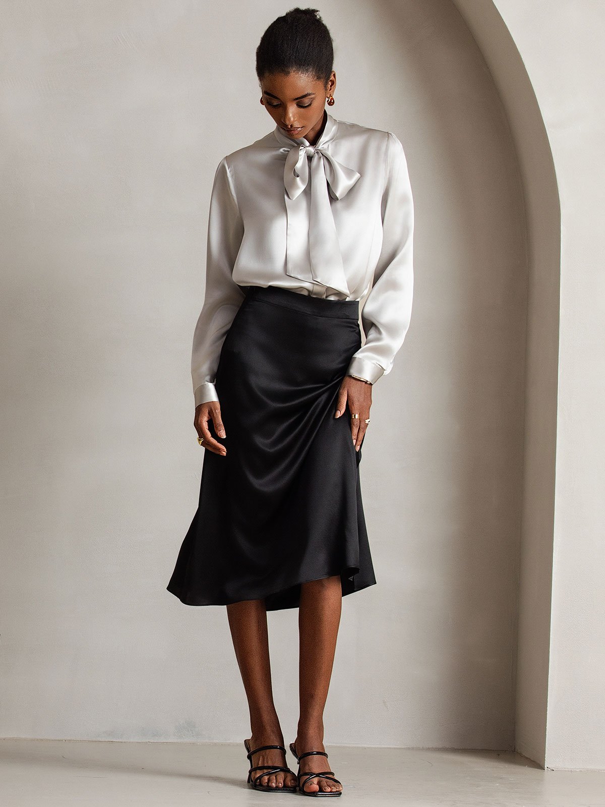 [Gris Clair] SilkSilky-FR 19Momme Manches longues À Nouer Blouse 007