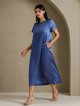 [Bleu Canard Véritable] SilkSilky-FR Short Sleeve Crew Neck Robes 001