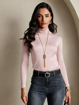 [Rose Corail] SilkSilky-FR Manches longues Col Roulé Femme T-Shirt 003