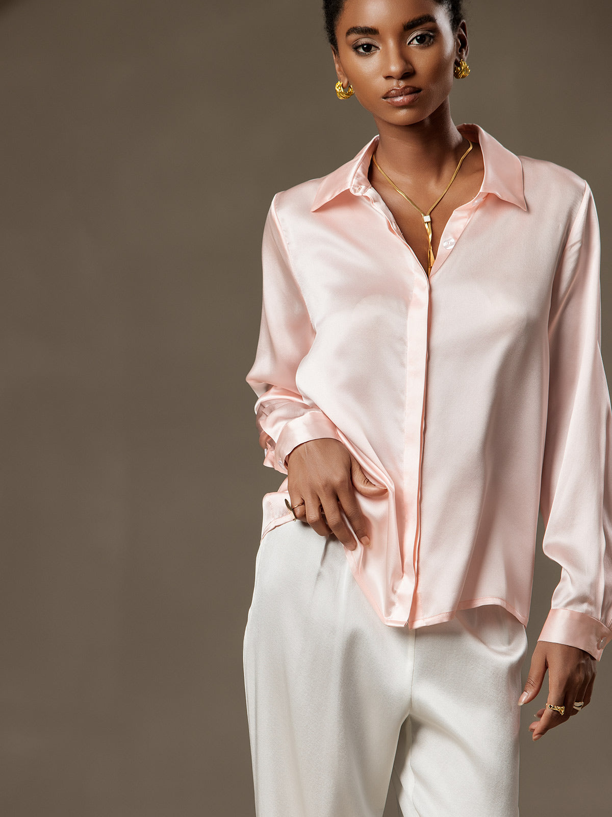 [Rose] SilkSilky-FR 19Momme Soie Lapel Collar Femme Chemise 003