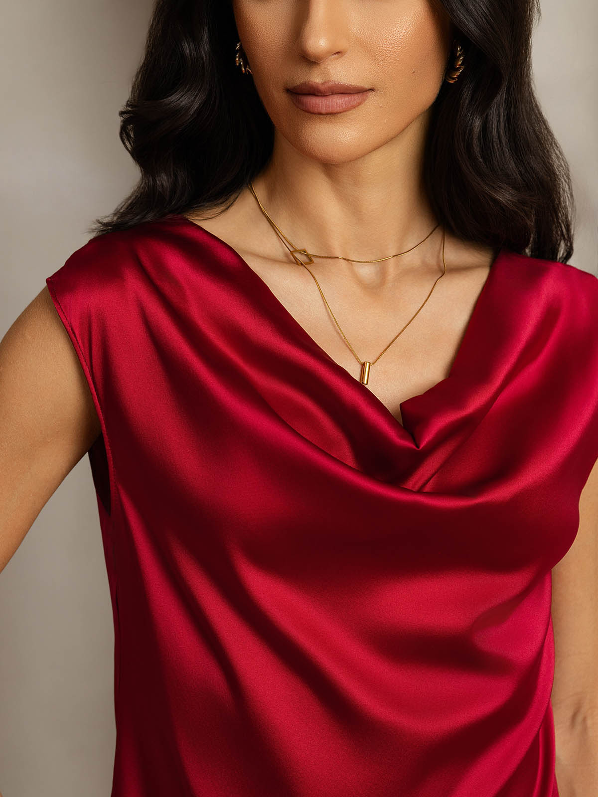 [Rouge Vineux] SilkSilky-FR 19Momme Soie Col Bénitier Femme T-Shirt 005