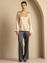 [Champagne] SilkSilky-FR Long Sleeve Boat Neck Blouse 007