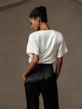 [Blanc] SilkSilky-FR Short Sleeve Cowl Neck Blouse 002