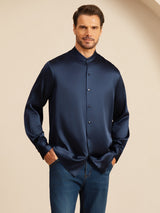 [Bleu Foncé] SilkSilky-FR Long Sleeve Stand Collar Homme Chemise 004
