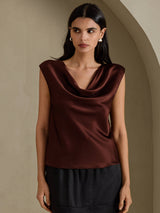 [Chocolat Noir] SilkSilky-FR Cap Sleeve Cowl Neck Femme T-Shirt 001