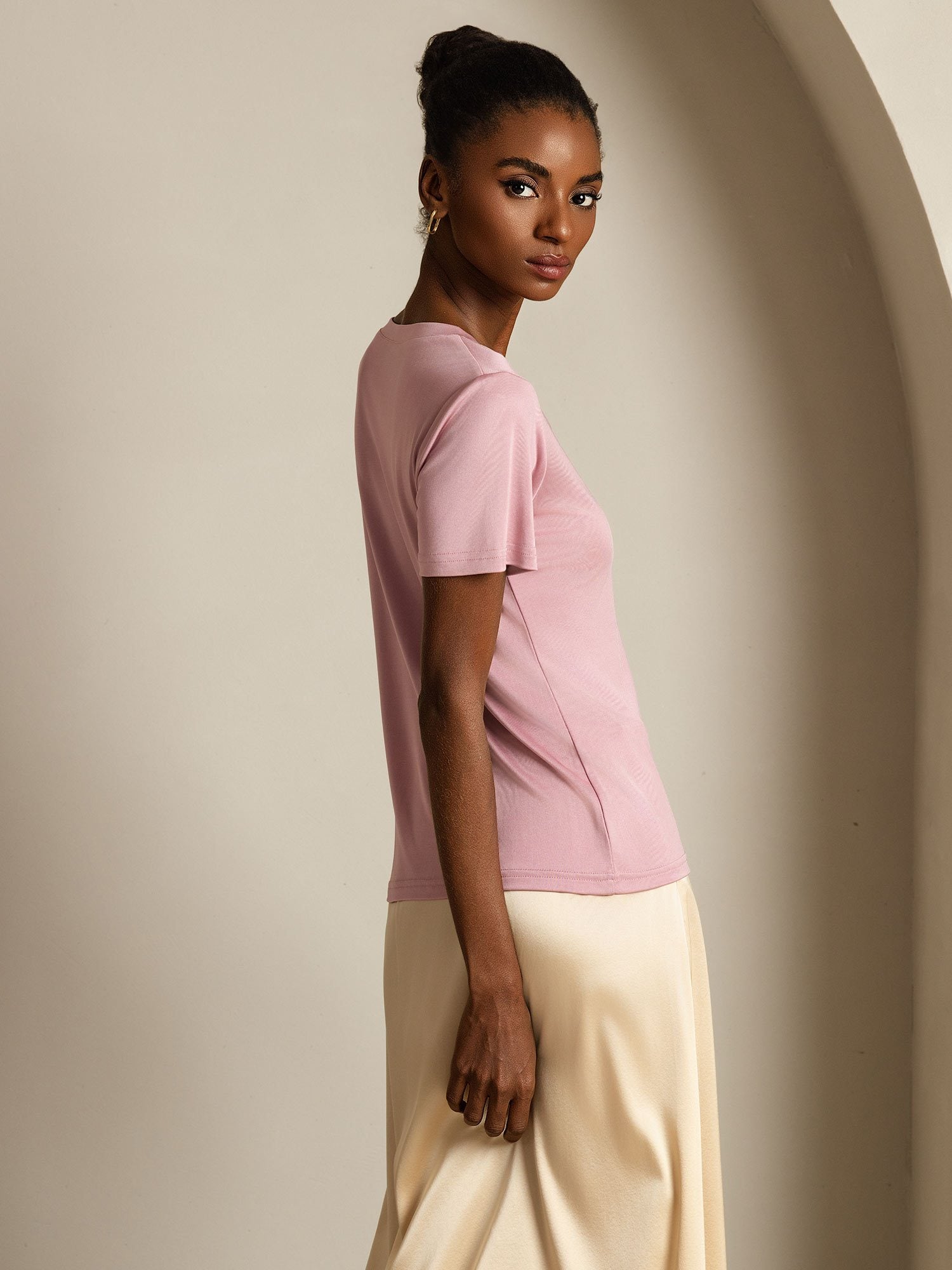 [MauvePâle] SilkSilky-FR Soie Womens T-Shirt 006