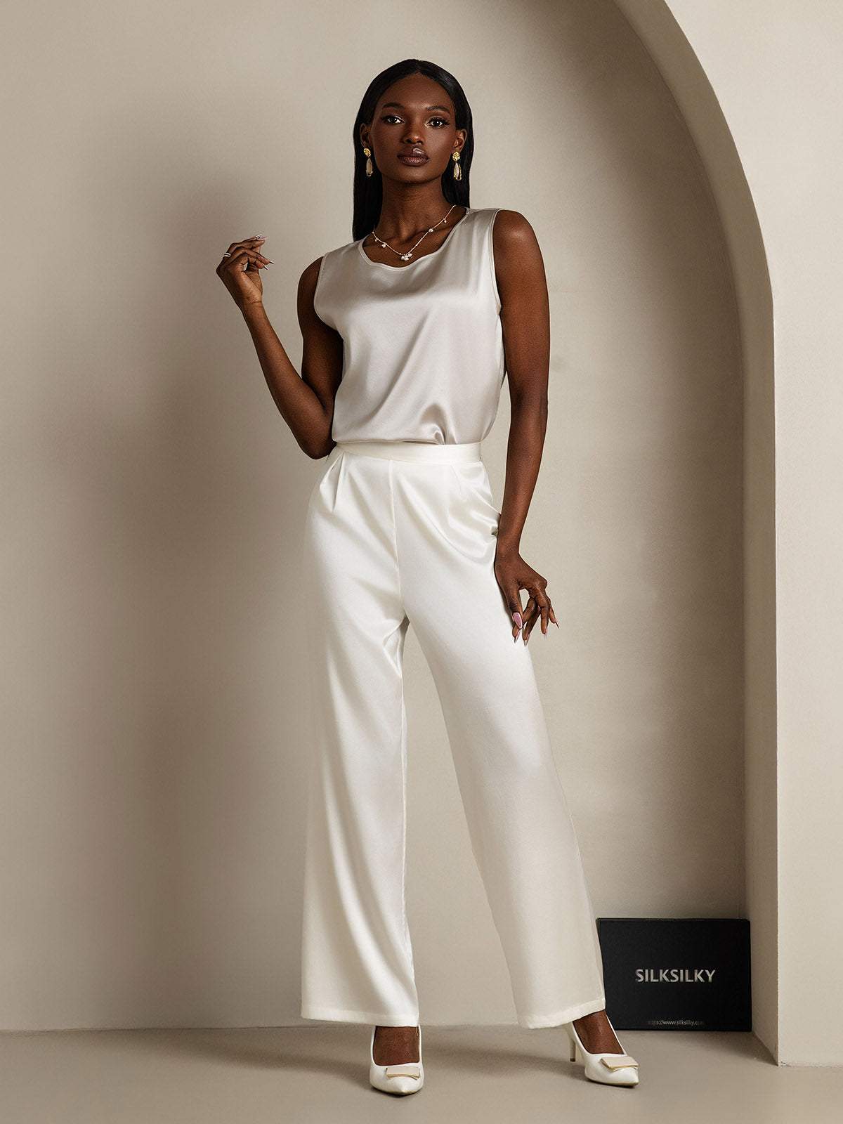 [Gris Clair] SilkSilky-FR 19Momme Sans manches Col Rond Top À Fines Brides 007