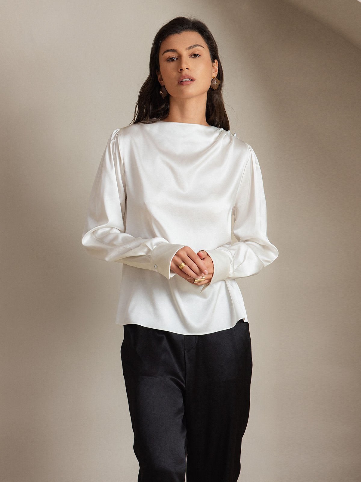[Blanc] SilkSilky-FR 19Momme Soie Womens Shirt 005