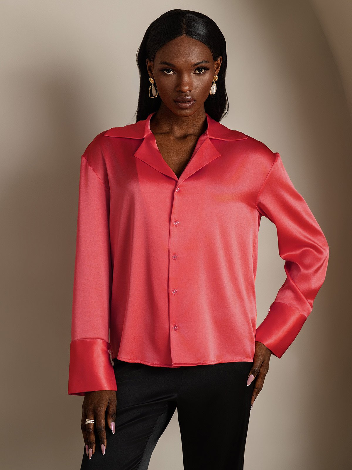 SilkSilky-FR 19Momme Soie Manches longues Revers Femme Chemise RougeImpérial 001