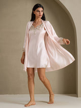 [Rose] SilkSilky-FR 3/4 Sleeve V Neck Peignoir&Robe de Chambre 008