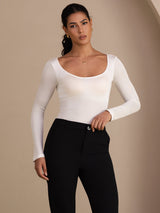 [Blanc] SilkSilky-FR Long Sleeve Col en U Femme T-Shirt 004
