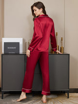 [Rouge Foncé] SilkSilky-FR Long Sleeve Lapel Collar Femme Pyjamas 003