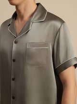 [Vert Grisâtre] SilkSilky-FR Manches courtes Col Cranté Homme Pyjamas 006