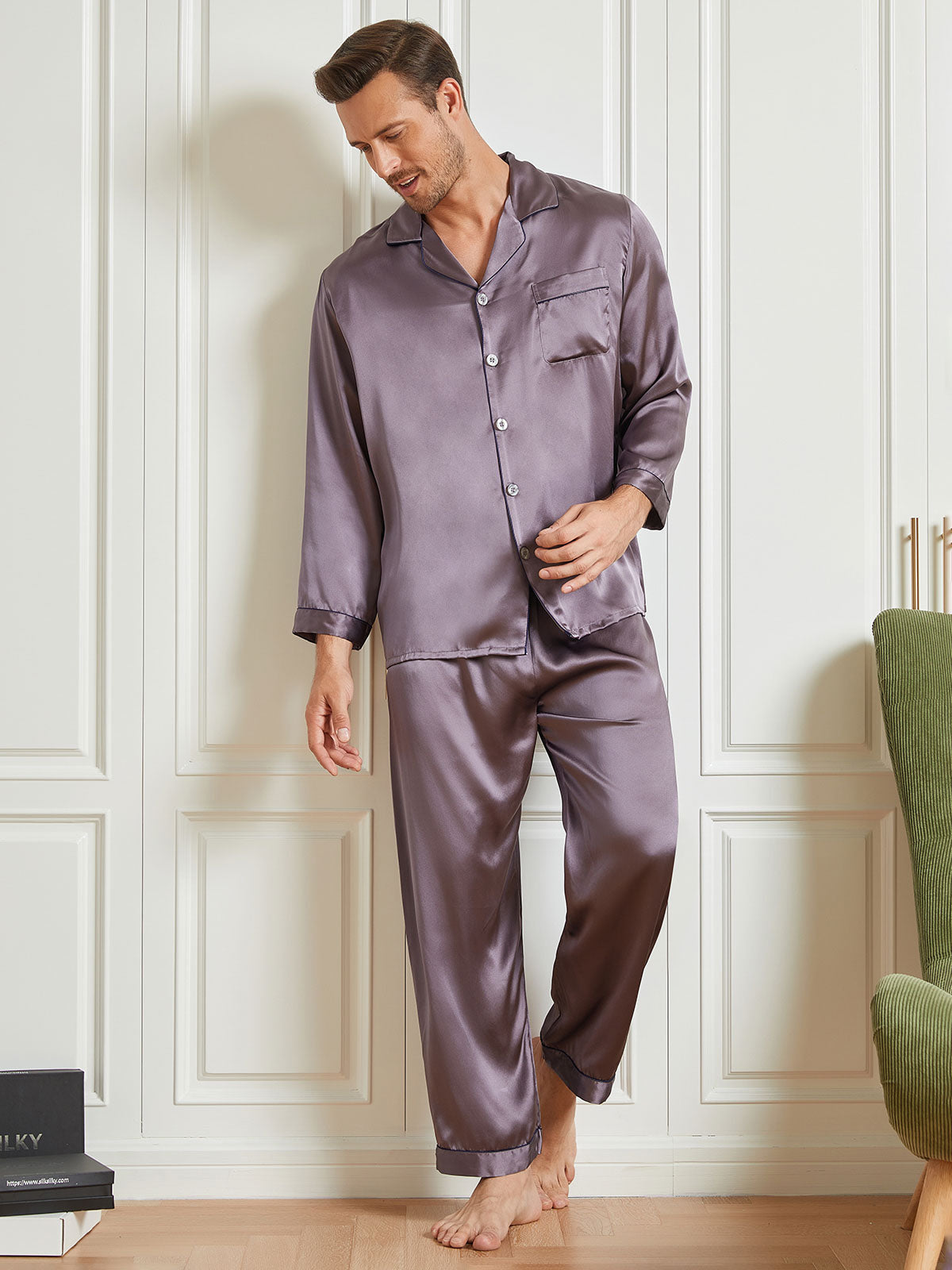 [Gris Pourpre] SilkSilky-FR 19Momme Pure Soie Mens Pajamas 004