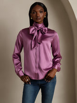 [Violet Foncé] SilkSilky-FR Long Sleeve High Neck Blouse 001