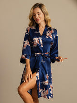 [Bleu Foncé] SilkSilky-FR 3/4 Sleeve Femme Peignoir 003