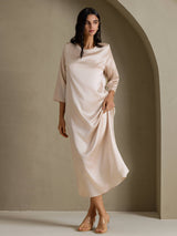 [Beige] SilkSilky-FR 3/4 Sleeve Round Neck Robes 005