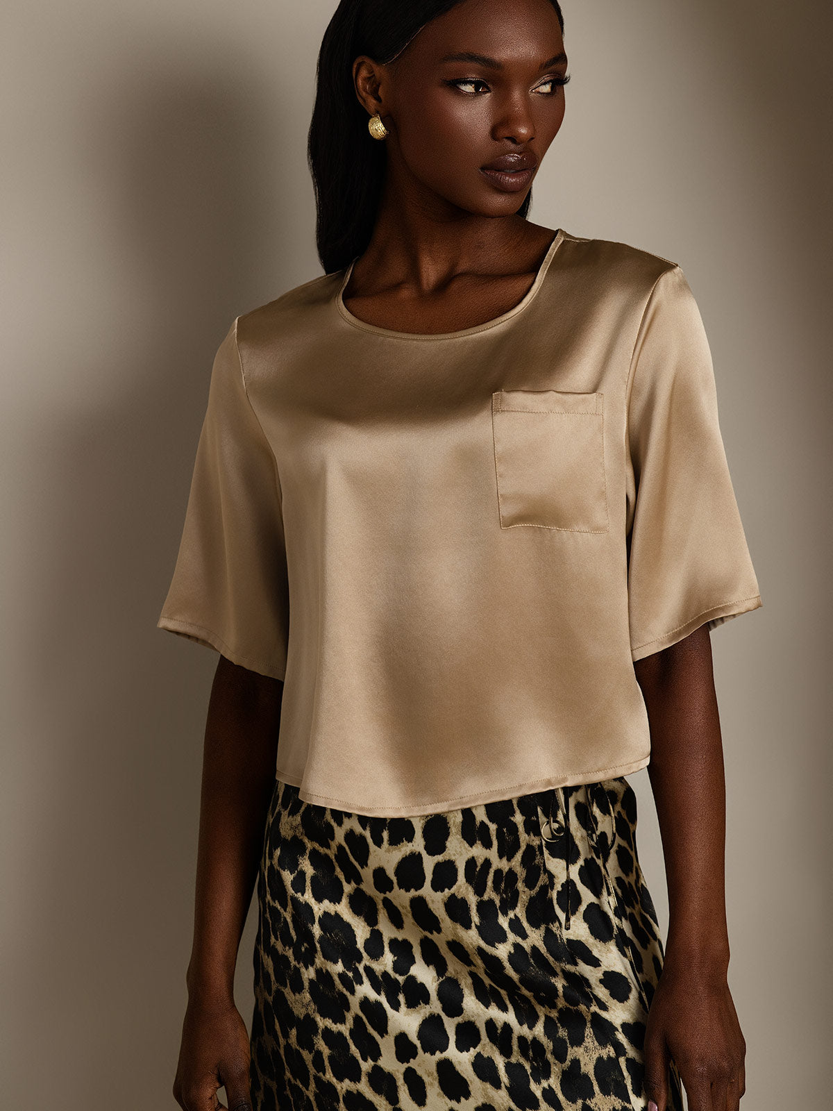 [Champagne] SilkSilky-FR Pure Soie Col Bateau Femme T-Shirt 004