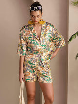 [Crocodile Sable] SilkSilky-FR Short Sleeve Notch Collar Femme Pyjamas 001
