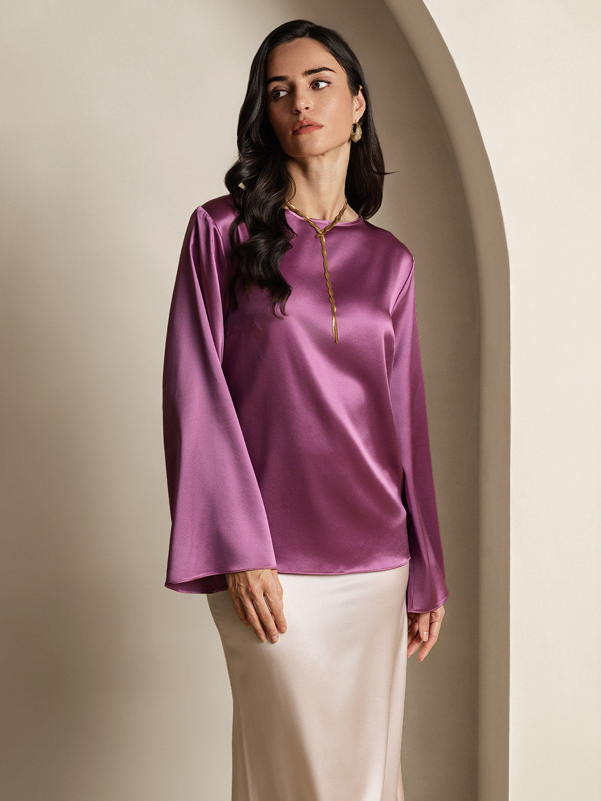 [Violet Foncé] SilkSilky-FR 19Momme Soie Col Rond Femme T-Shirt 005