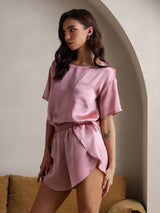 [Mauve Pâle] SilkSilky-FR Short Sleeve Round Neck Femme Pyjamas 005