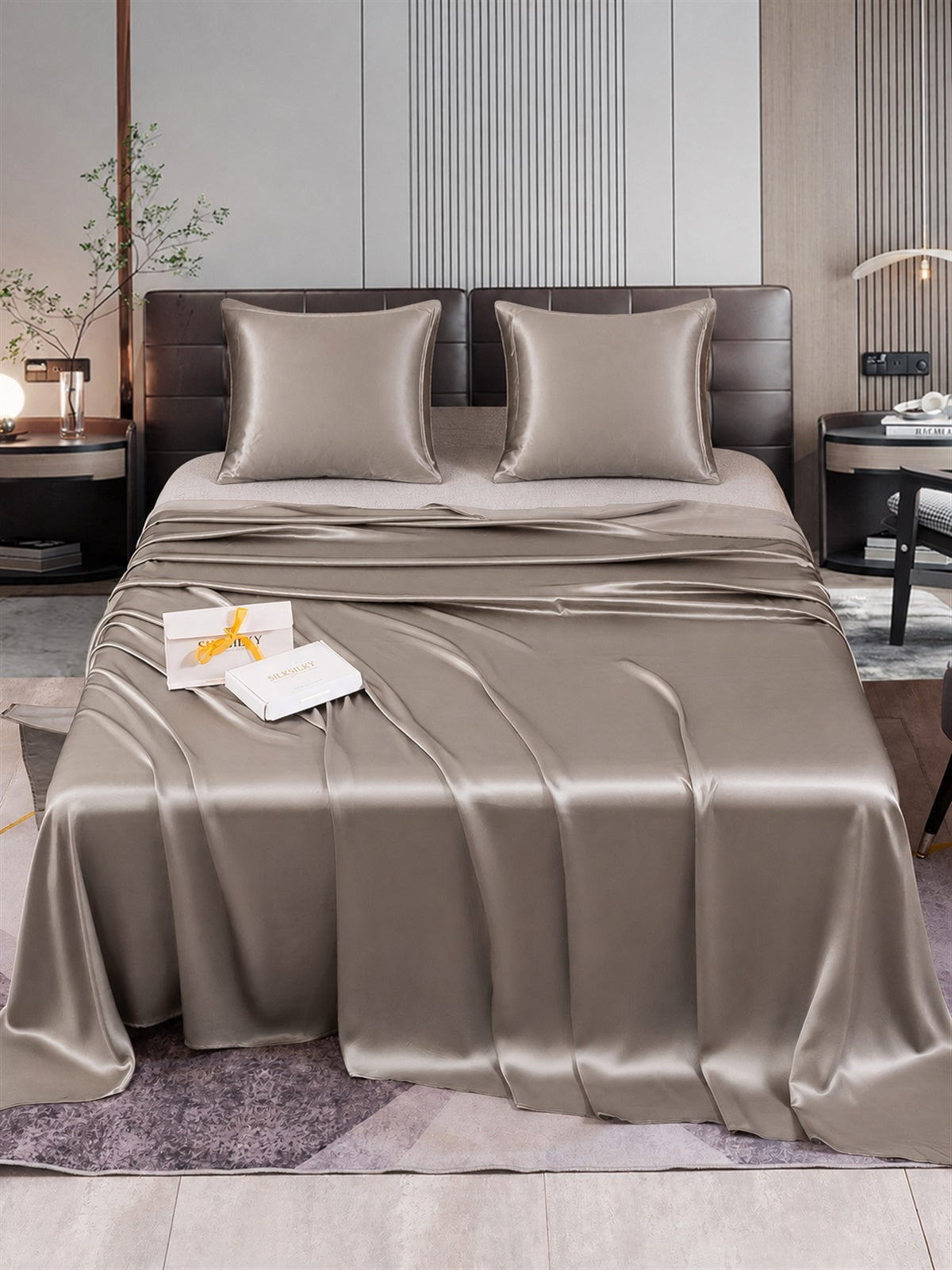 [Gris] SilkSilky-FR Parure de Lit Soie 001