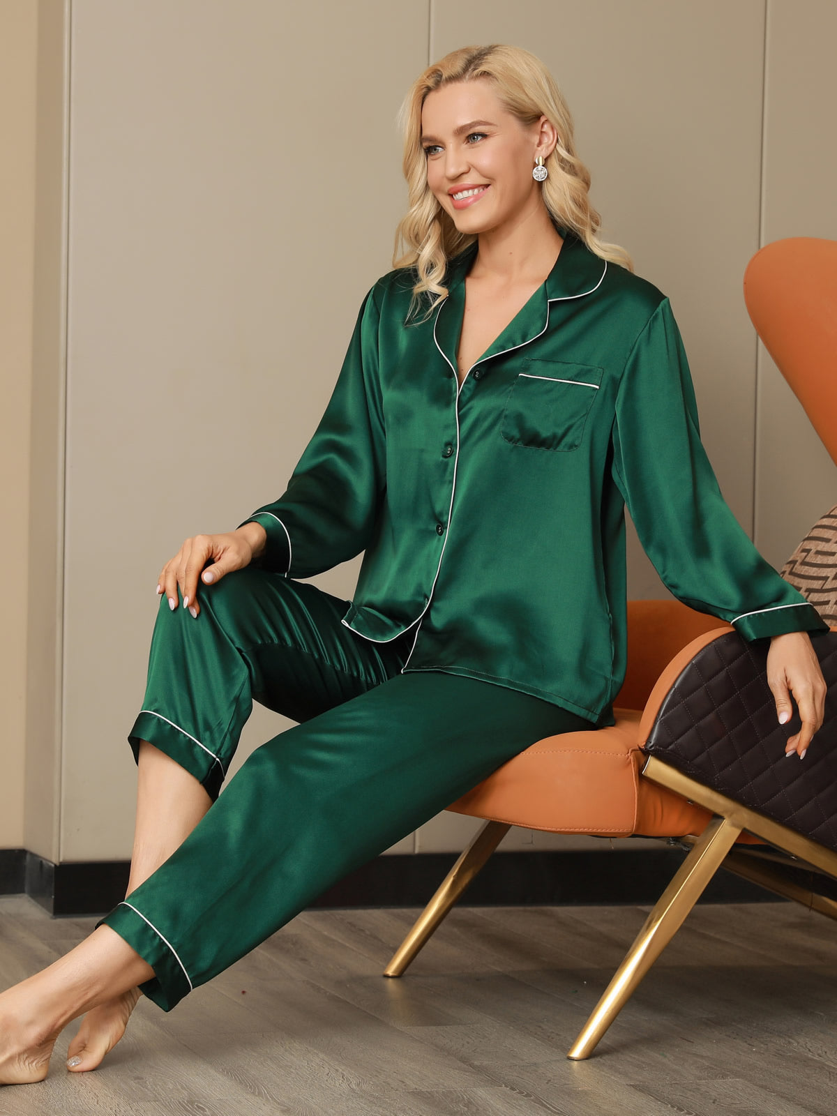 SilkSilky-FR Pure Soie Manches longues Revers Femme Pyjamas Vert 005