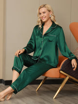 [Vert] SilkSilky-FR Long Sleeve Lapel Collar Femme Pyjamas 005